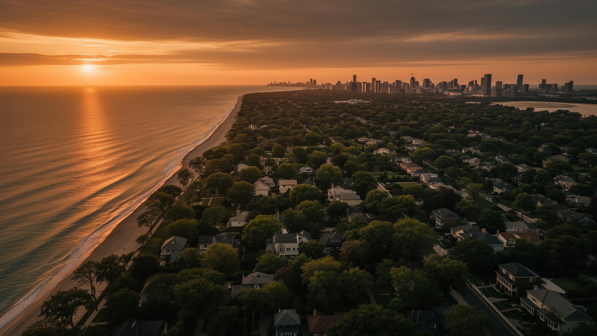 The North Shore shoreline of Lake Michigan at golden hour