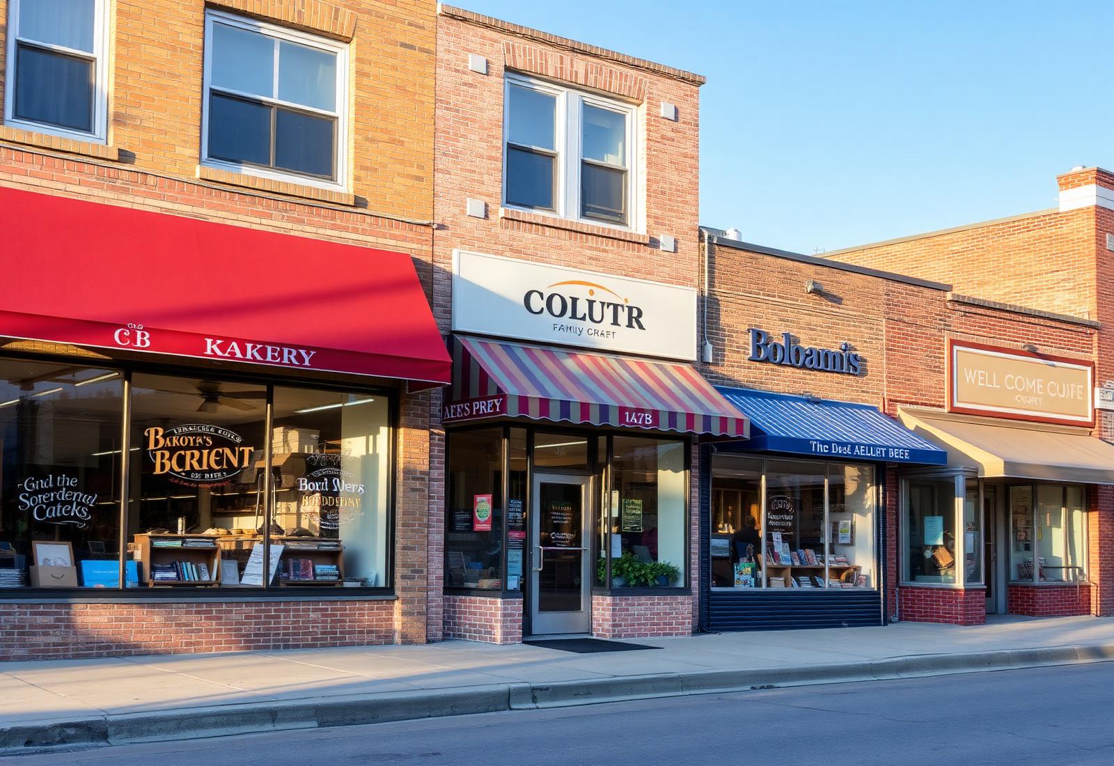 A row of welcoming local storefronts in Skokie, Illinois