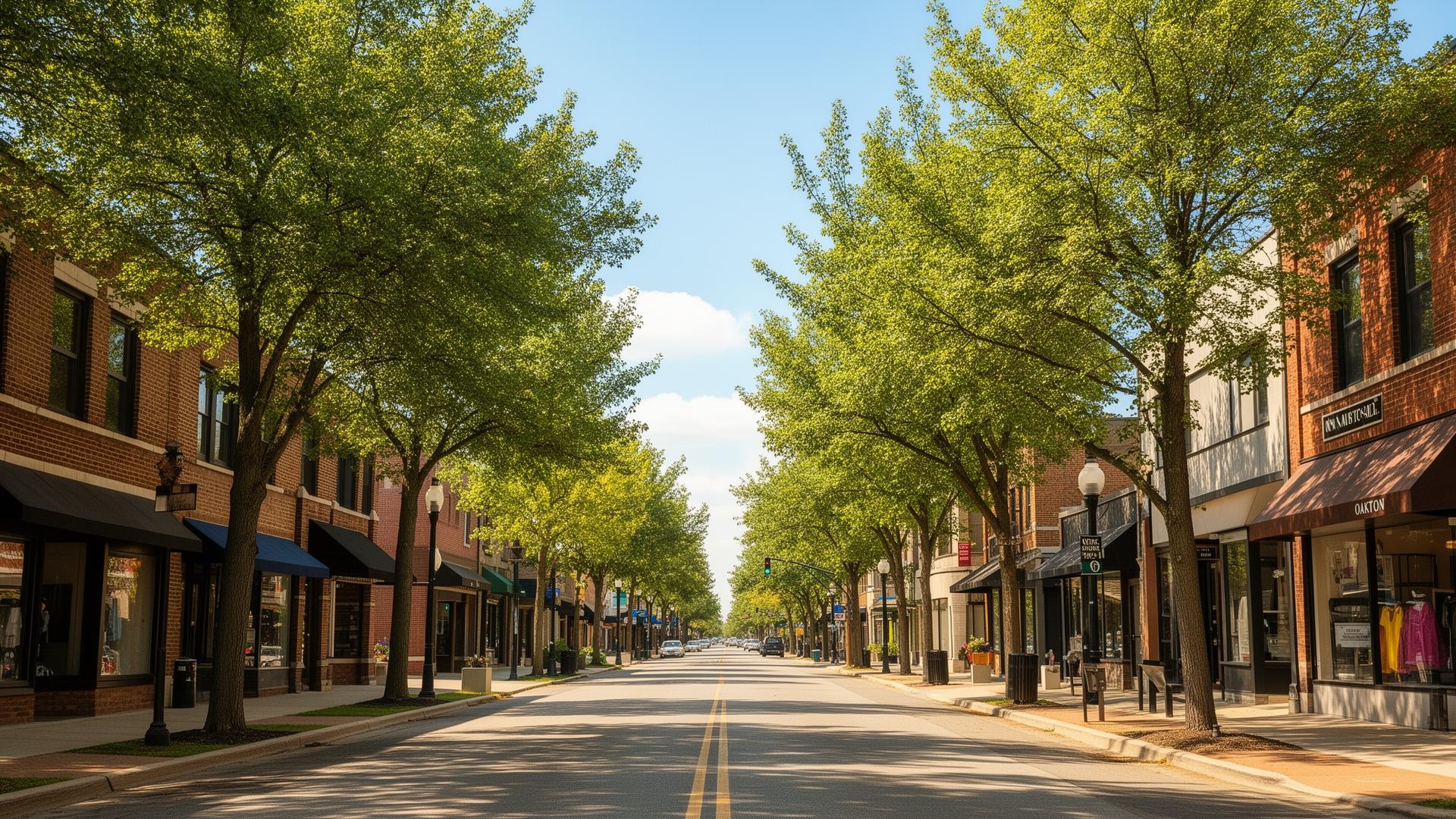 A welcoming tree-lined street in downtown Skokie, Illinois