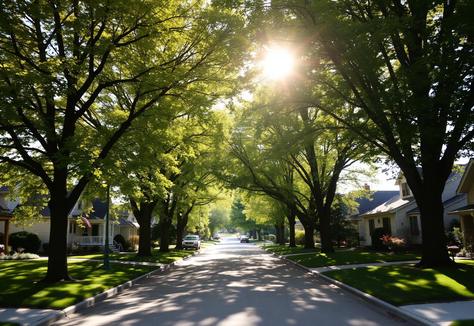 A sun-dappled, tree-lined Skokie neighborhood street